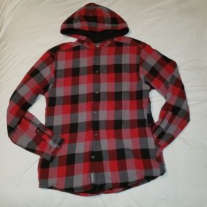 Eddie Bauer sz Sm jersey knit lined flannel with pockets.. red, black & gray